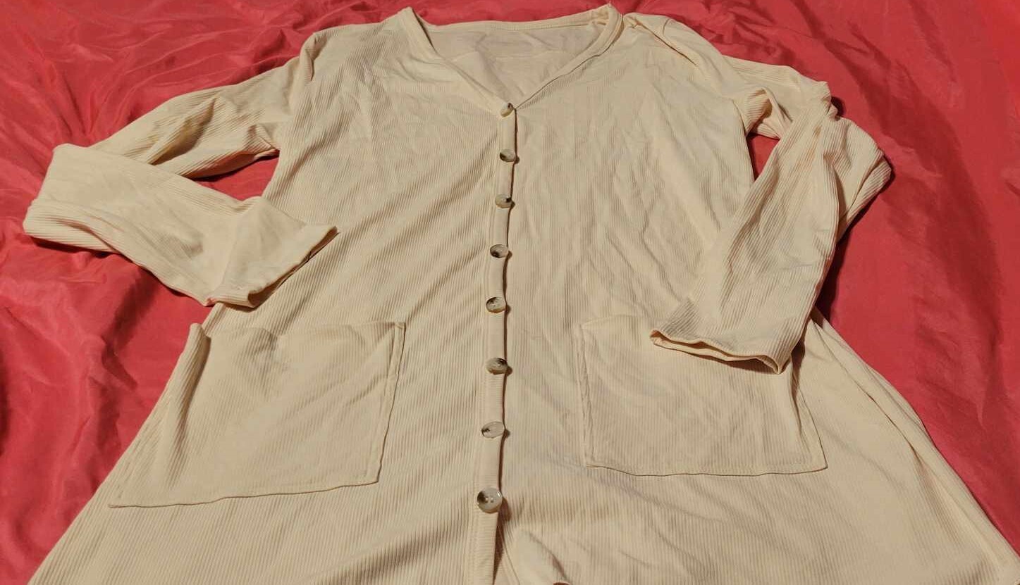 Women's Extra Long Button-down light tan sweater … - image 4