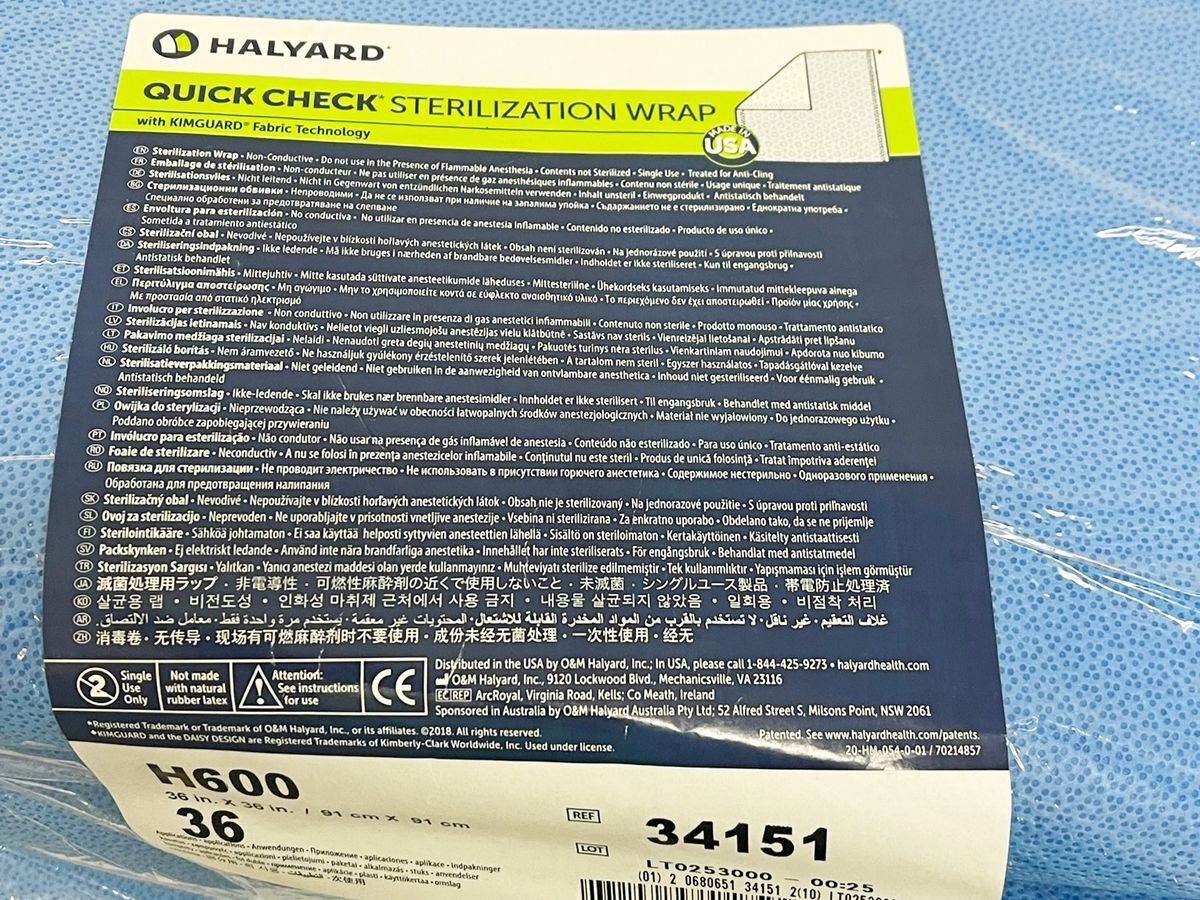 Halyard 34151 H600 36 x 36 Quick Check Sterilization Wrap, 1725lb. 36