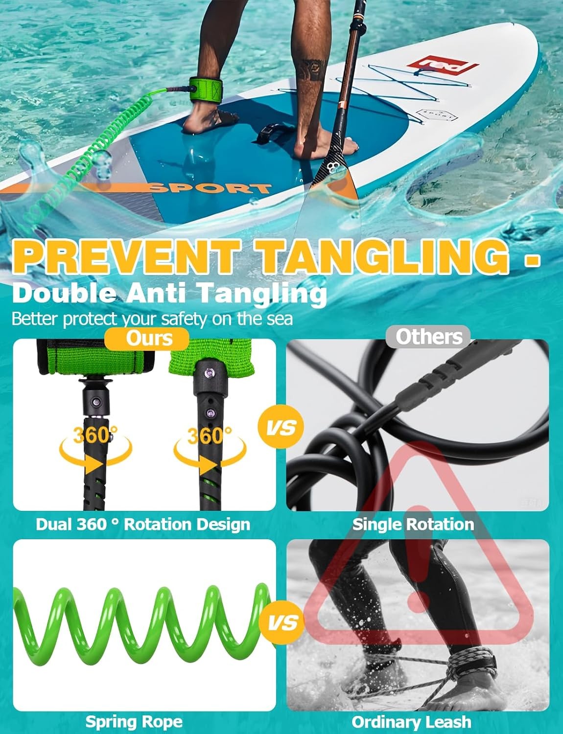 Surfboard Leash Tangle-Free 10 FT Green Pack 2 Pcs for Boogie Board Water Sport