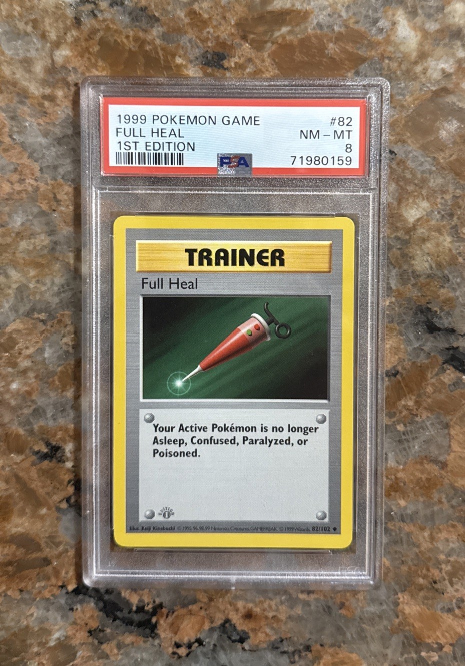 1999 Pokemon Base set 1st Edition Shadowless Gray Stamp Full Heal #82 PSA 8