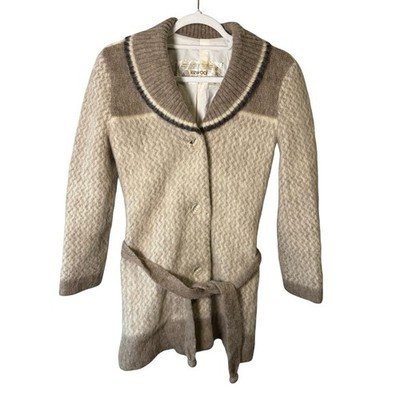 Vintage Icewool Iceland Ivory and Brown Knit Jacket with Belt Size S Scandi