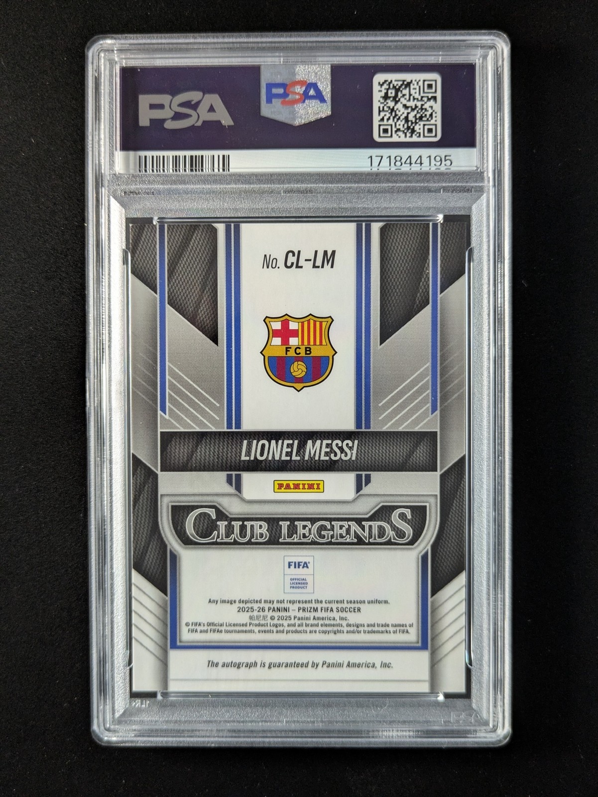 2025-26 Panini Prizm FIFA LIONEL MESSI Auto Club Legends Signatures #CL-LM PSA 9 view 2