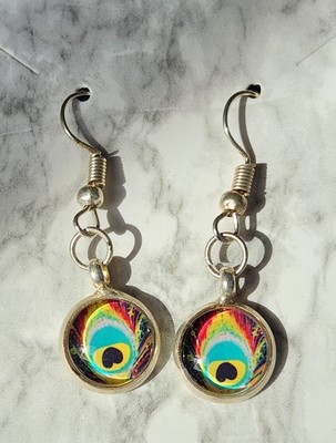 Handmade Peacock Feather Design Turquoise and Yellow Dangle Earrings