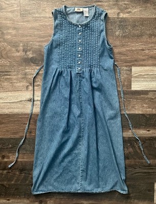 FADED GLORY Vtg Women s Small Pleated Pintuck Sleeveless Denim Long Dress Y2K