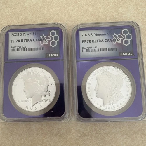 2025 S Morgan & Peace Silver Dollar $1 Set NGC PF70 Ultra Cameo UC Purple Core