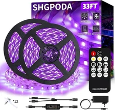 33ft Black Light Strip with Remote, 600 LEDs, 3 Modes,Dimmable 12V UV Glow Light
