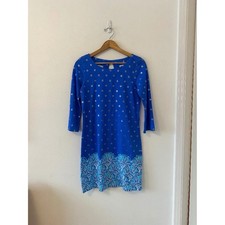 Lilly Pulitzer Blue Pima Cotton Gold Foil 3/4 Sleeve Shift Dress| Size Small