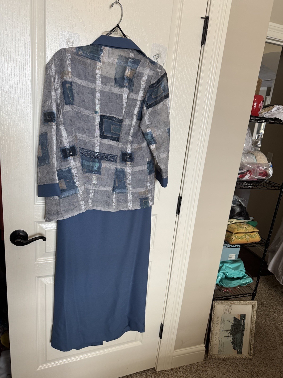 R&M Richards Women's Dress 2-Piece Maxi Jacket Blue White Size 10 Open Front