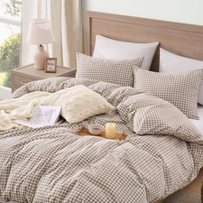 Tan Gingham Duvet Cover Queen, 100 Wash Cotton Linen Like Textured Breathable