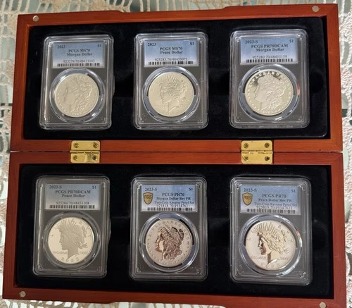2023 Morgan & Peace Dollar 6 Coin Set PCGS MS/PR70 Blue Label In Display Case💎