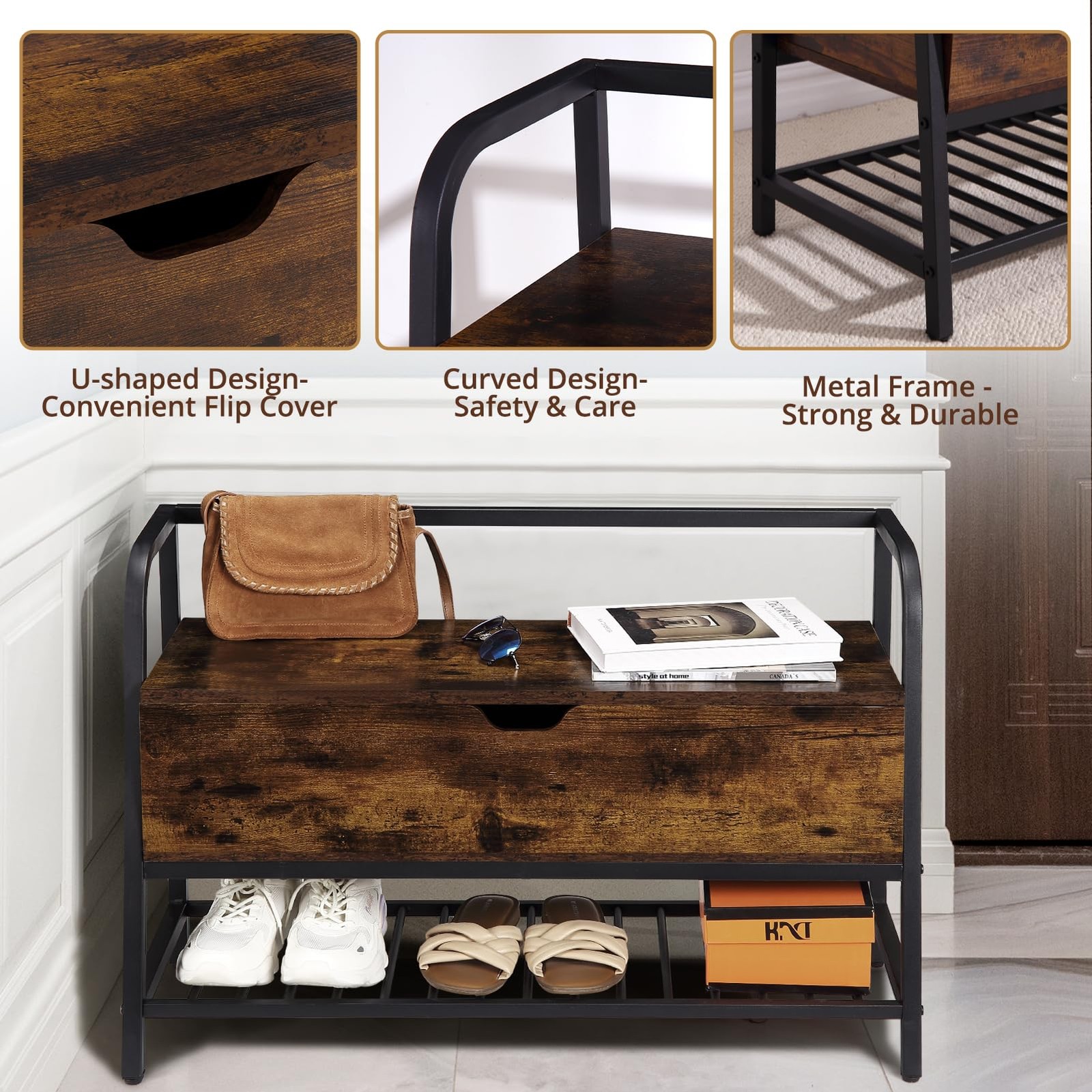 Banc d’entrée bois marron rustique avec coffre de rangement et range-chaussures