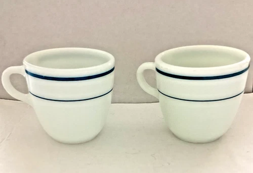 2 Vintage Pyrex Tableware by Corning Coffee Cups Mugs #723 Turquoise Stripes