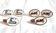 Deux paires de boutons de manchette et pinces à cravate assorties voiture ancienne et roue à aubes bateau fluvial