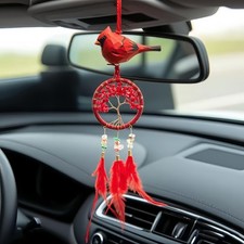 Red Cardinal Mini Dream Catcher for Car Mirror ? Handmade Wooden Cardinal Bir...