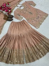 Latest Natural Crep Silk Stylish Peach Palazzo Suit With Dupatta For Women