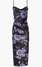 Caroline Herrera Satin Floral Purple Print, Cowl Neck MIDI Dress, Corset Tie