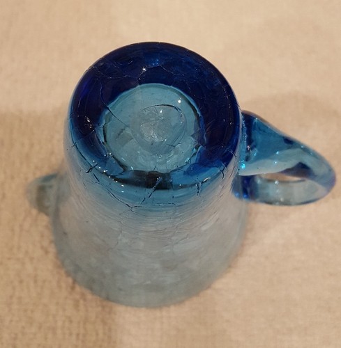 Small Blue Crackle Glass Pitcher - Blown Glass with Attached Handle - Picture 6 of 6