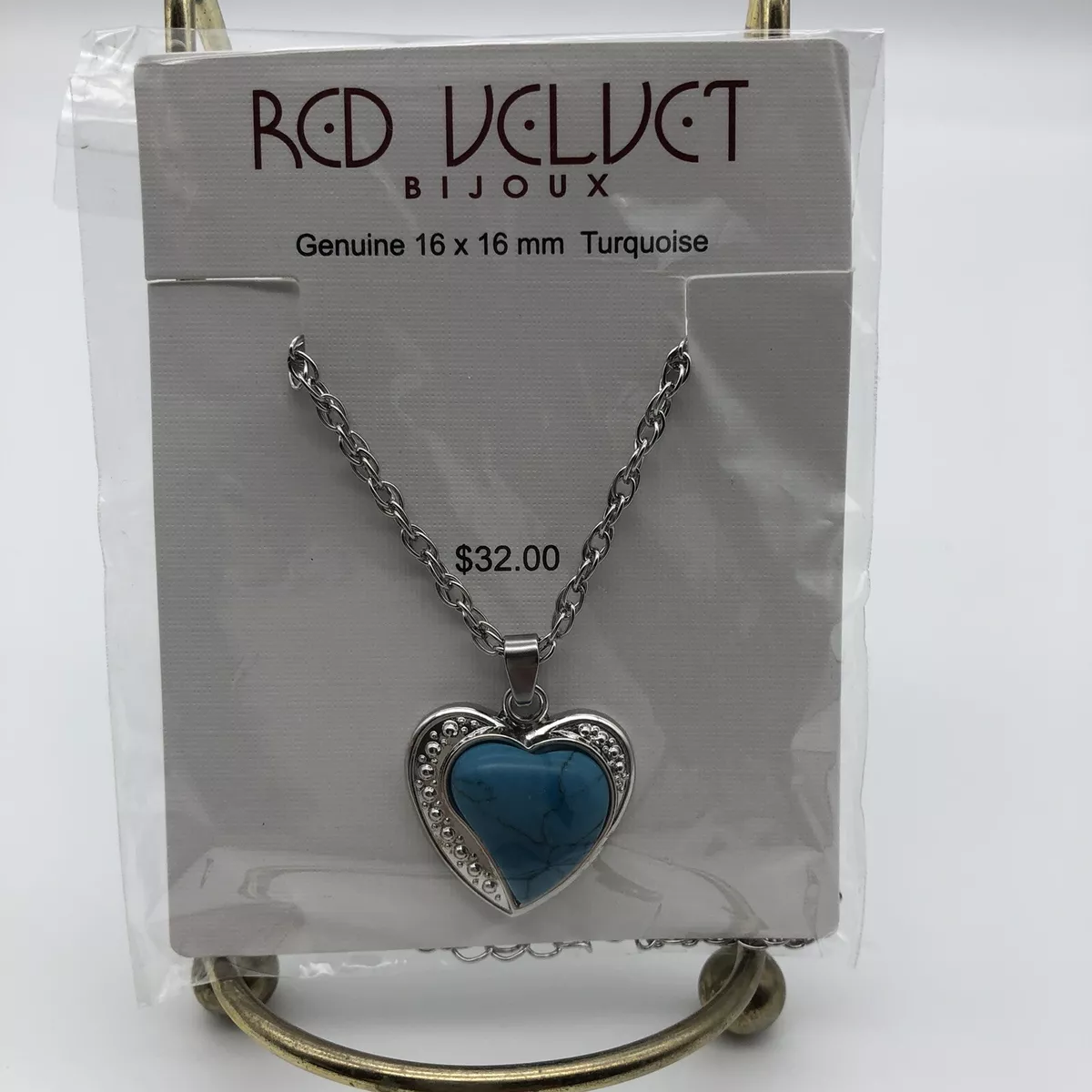 Red Velvet Bijoux Necklace Genuine 16 X 16 MM Turquoise Heart Pendant Silvertone