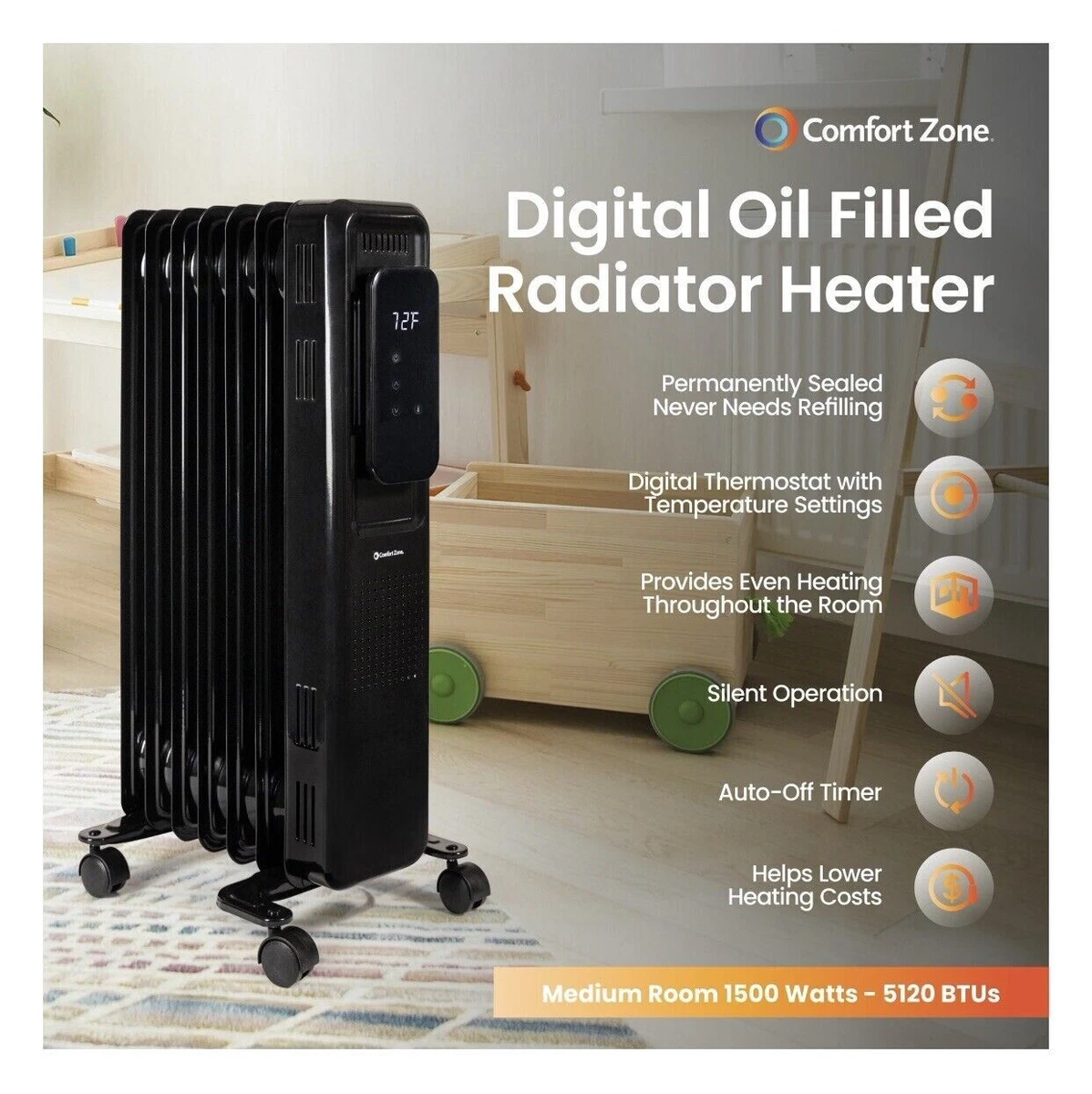1500-Watt Electric Oil-Filled Space Heater with Digital Display 75877209702  | eBay