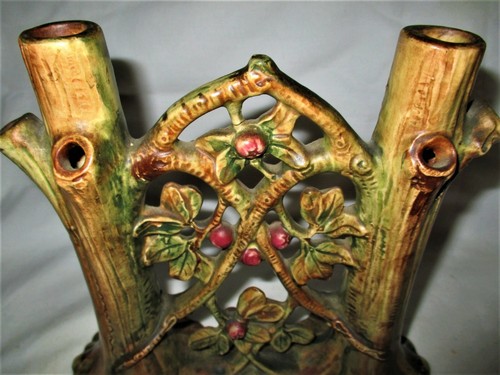 ANTIQUE WELLER AMERICAN ART POTTERY APPLE TREE DOUBLE BUD FLOWER GARDEN VASE A+ - Picture 4 of 9