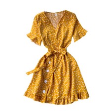 V-neck Dress Mini Chiffon Ruffle Heart Short Sleeve Zip Button with Belt