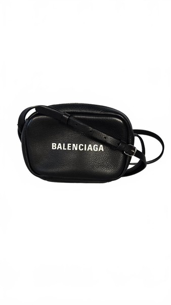BALENCIAGA Everyday Camera Bag XS Black Grained Leather Logo Crossbody Silver HW
