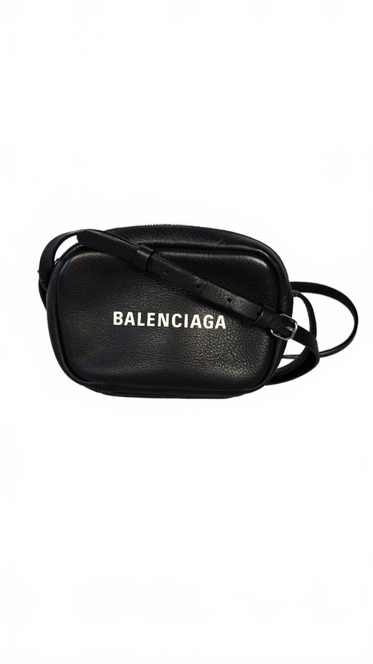 BALENCIAGA Everyday Camera Bag XS Black Grained Leather Logo Crossbody Silver HW
