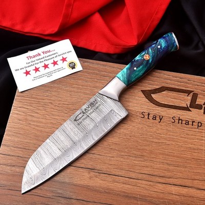 Handmade Damascus Steel Chef Knife with Gift Box and Brass Bolster