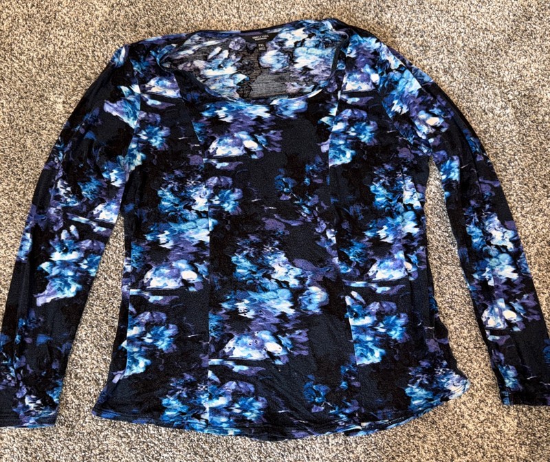 Simply Vera Vera Wang Top Womens PXL Black Purple Floral Long Sleeve Rayon - 004