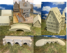 Medieval Town Hall, Water Mill Barn Rural Houses Bridge Fantasy 1/72