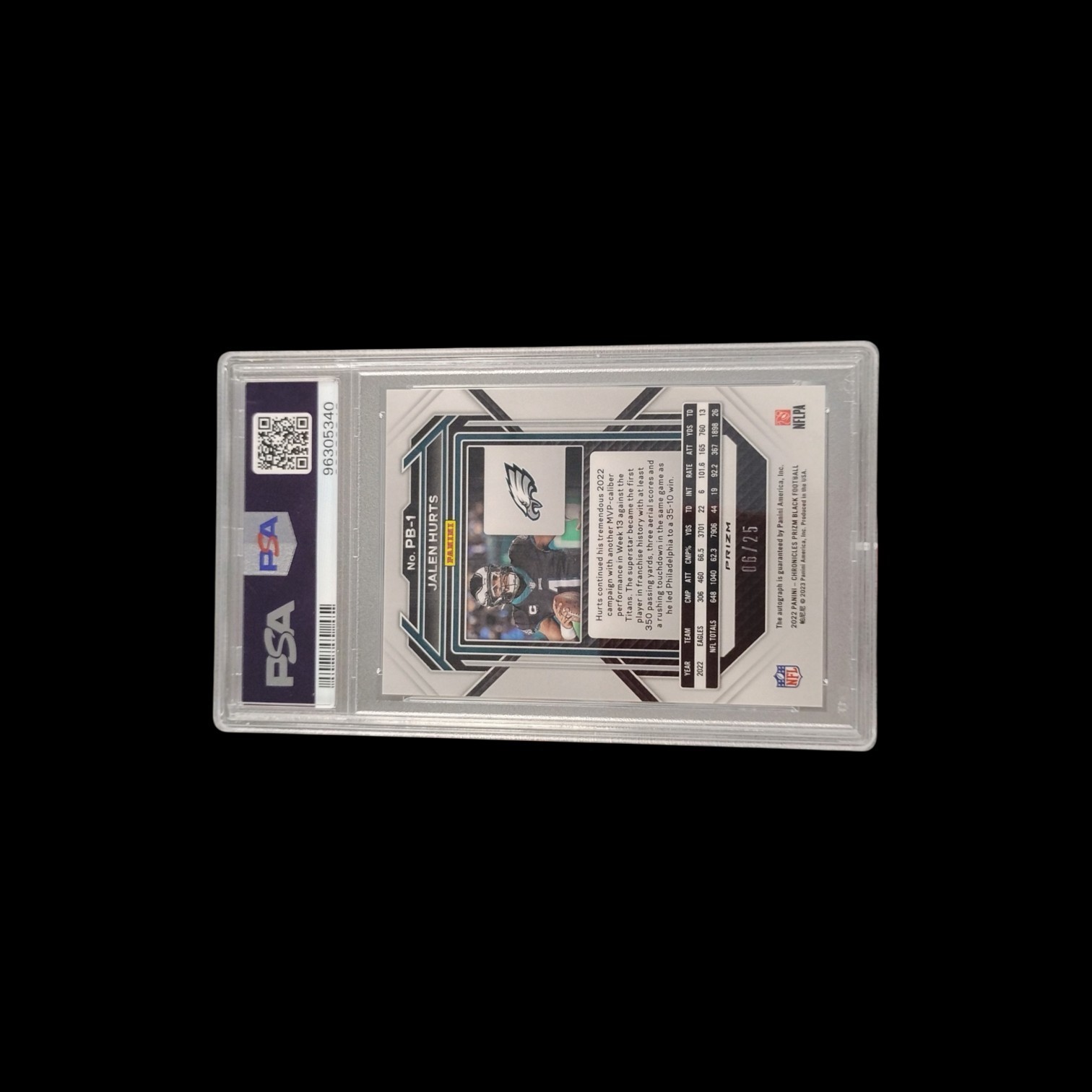 2022 Panini Chronicles Jalen Hurts Prizm Black Blue /25 PSA 10 Auto Autograph view 2