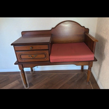Wood Console Table, Dark Wood Brown with Red Top, 2 Drawer Storage