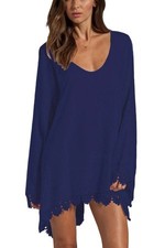 Blue V-Neck Crochet Hem Long Sleeve Dress S Blue