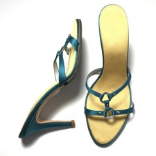 Y2K Vtg Teal Satin Mermaid Crystal Embellished Harness Stiletto Mule Sandals 10