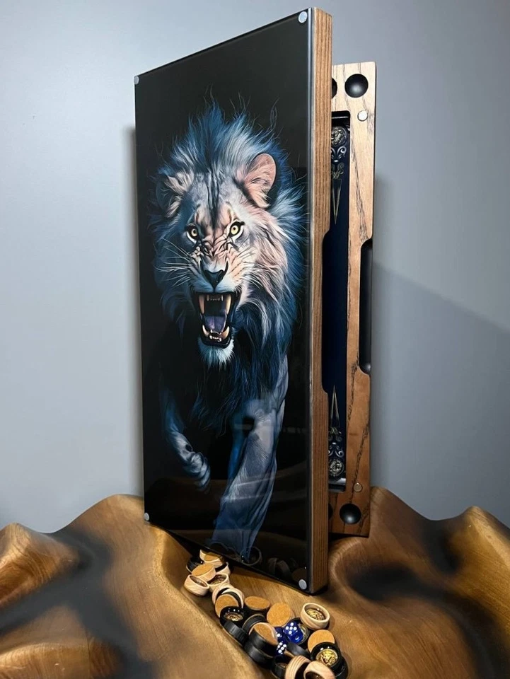 Backgammon Set Lion Theme, Wooden, Glass & Epoxy Resin, Game Board, Dice Game - Image 2 of 4