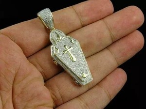 Authentic 2 CT Round Cut Real White Moissanite Coffin Cross Pendant 14K Yellow Gold Plated