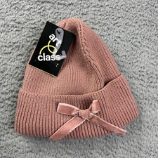 Art Class Hat Beanie One Size Girls Pink Knit Lined Cuffed Velvet Bow Winter