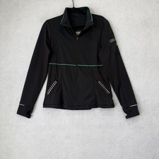 Athleta Track Jacket Womens Large Black Softshell Full Zip Reflective Thumbholes