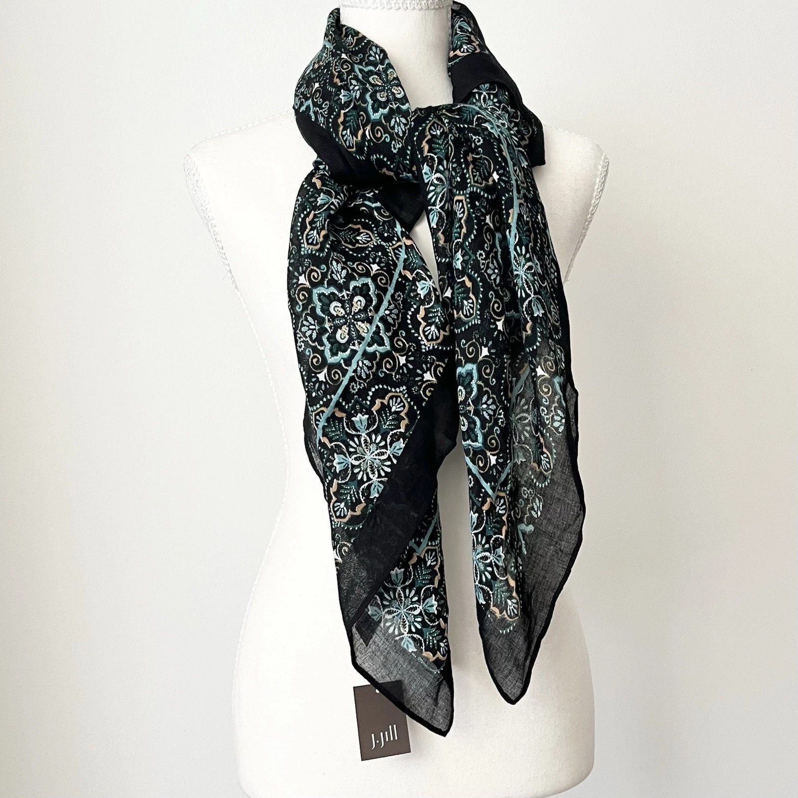 NWT J.Jill Women's Floral Boho Print Scarf Black Teal Blue Gauzy Lightweight