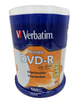 Verbatim Printable DVD R 100 Pack 4.7GB 16X Blank Discs Life Series Sealed Spind