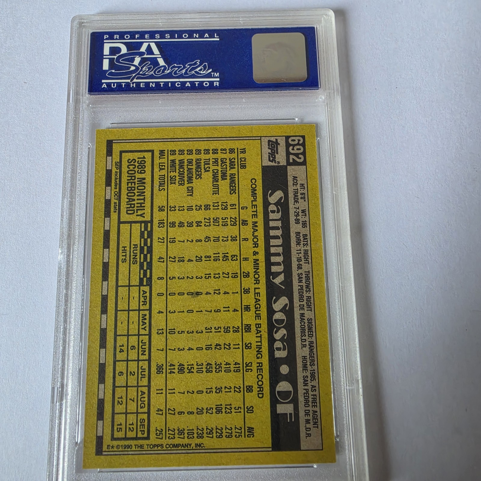 1990 Topps - Sammy Sosa #692 (RC) PSA 10! view 2