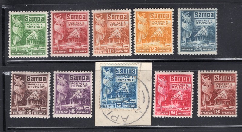 Samoa 1921 Short Set of 10 Flag & House, Scott 142-151 MH & used, value = $35.75
