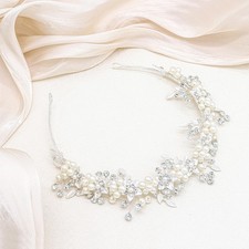 Bridal Headband Wedding Headpiece Flower Leaves Rhinestone Crystal Silver 14"