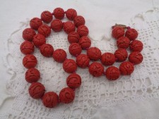 Vintage Chinese Red Carved CINNABAR BEAD NECKLACE 24"