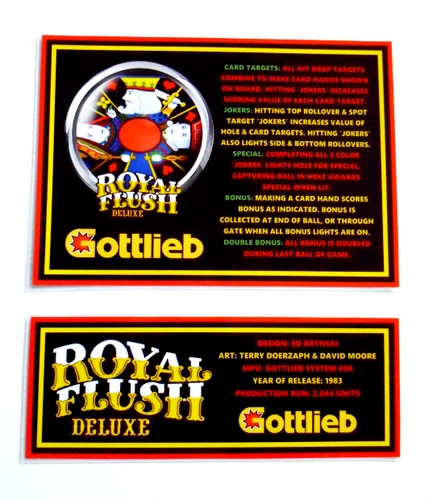 * 'ROYAL FLUSH DELUXE' Gottlieb 1983 Custom Instruction/Apron Cards * (New)