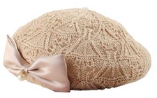 Women Beret Hat Trendy Bow Pearl Woven Beret Summer Hollow Out Hat Slouchy Cr...