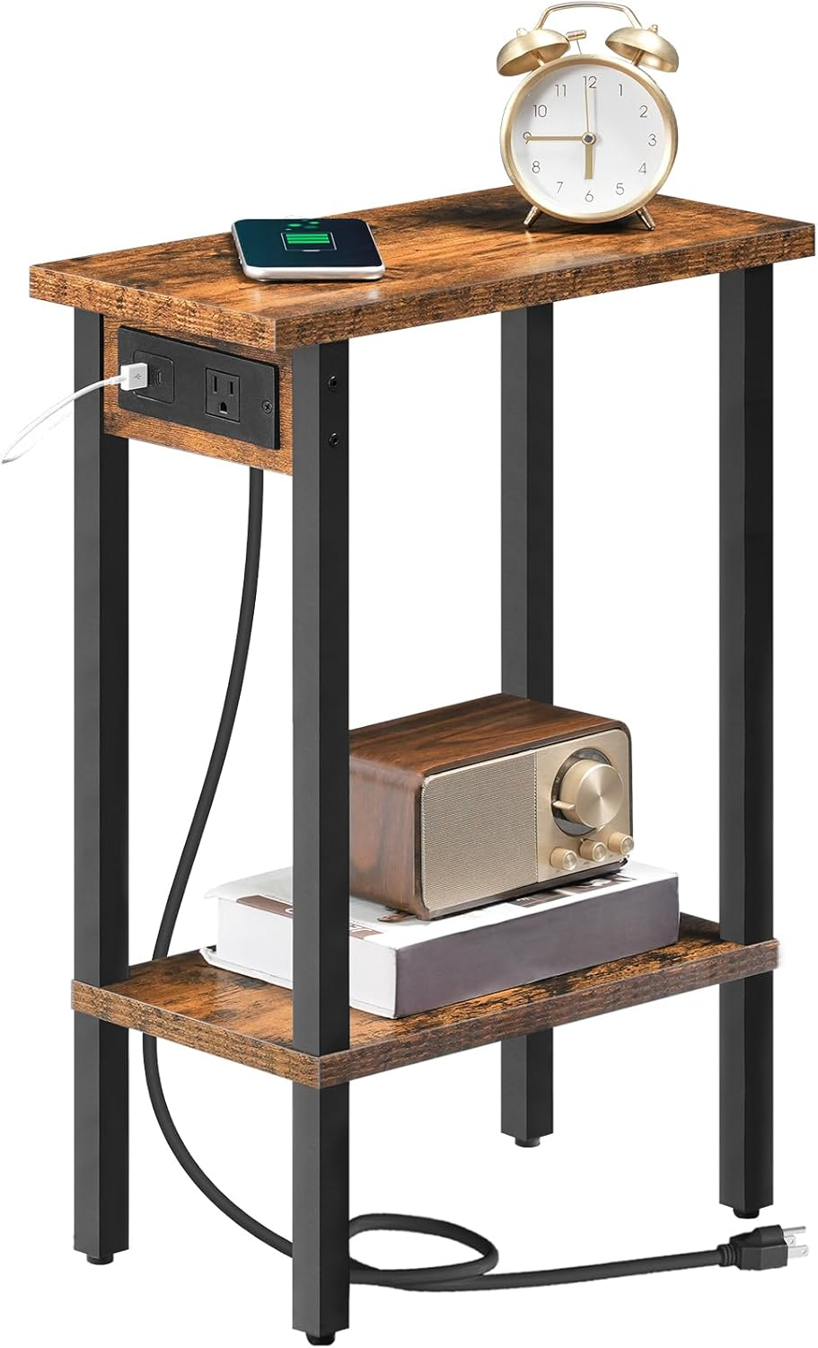 Narrow Side Table, 2-Tier Slim End Table with Charging Station, Skinny Nightstan