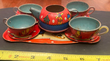 Vintage Toy, Children's Tea Set of 4 cups/plates/tray/tea pot, Tin metal, OHIO