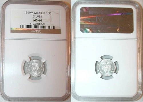 Rare 1919M Mexican 10 Centavos Silver Coin United States of Mexico NGC MS 64