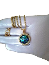 Opal Pendant: Peacock 16mm Resin Opal 18 Karat Gold Plated Solid Stainless-Steel